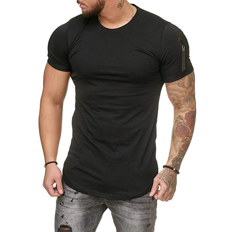 

Short Sleeve Zipper Shoulder Streetwear Hip Hop Summer T Shirt Men Longline Curved Hem Tshirt Slim Funny T-Shirt Plus Size M-5xl