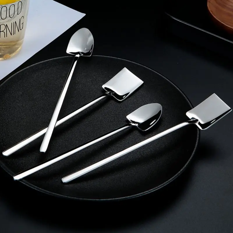 

4 Stainless Steel Spoon Creative Retro Industrial Flat Tip Shovel Shovel Dessert Long Handle Stirring Ice Spoon Top hot