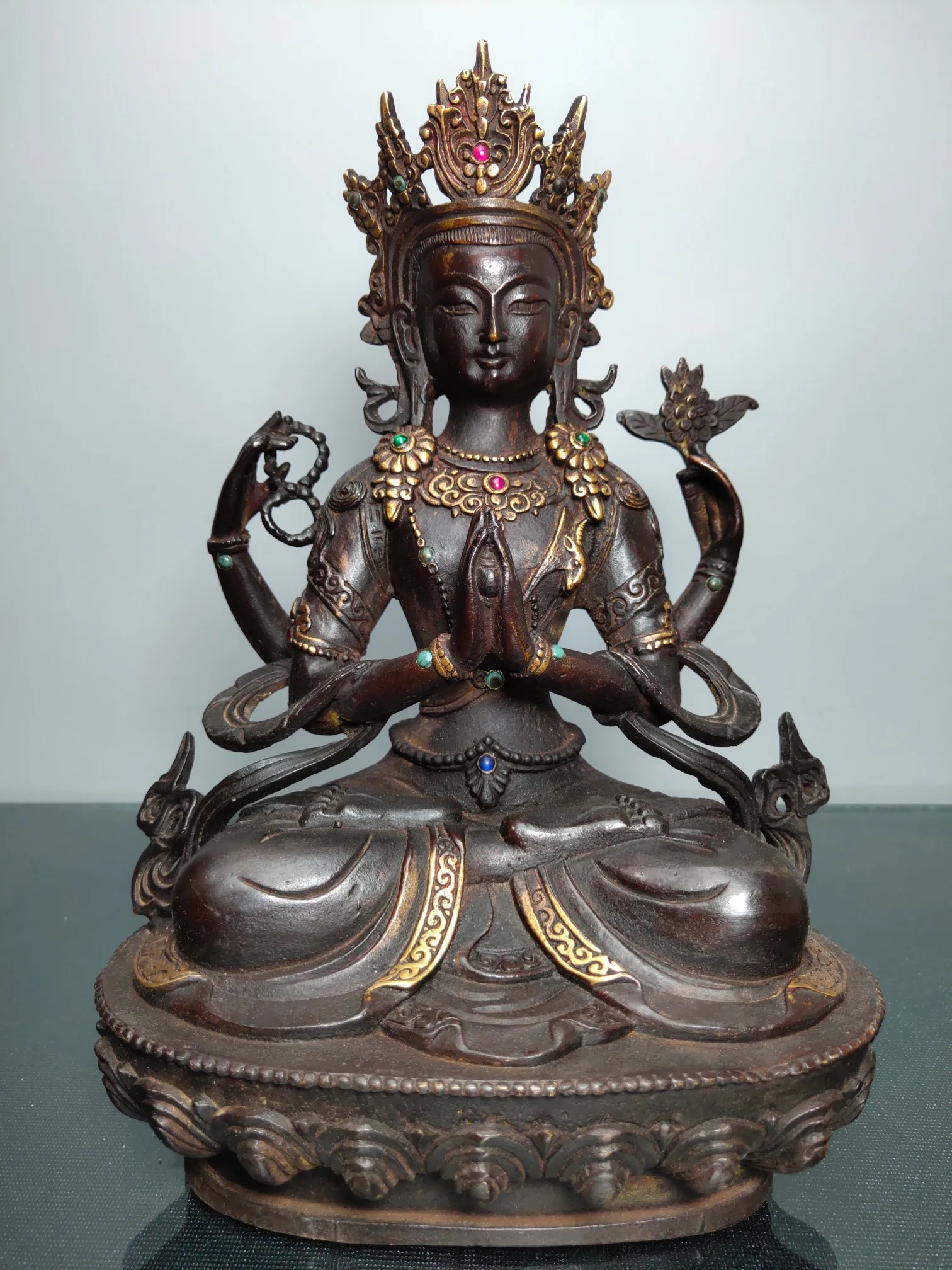 

10"Tibet temple Old Bronze mosaic Gem Four-armed Guanyin Bodhisattva Tibetan Buddha Sitting Buddha Enshrine the Buddha
