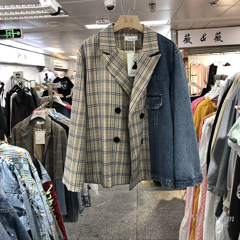 

Plaid Stitching Denim Small Suit Jacket for Women 2021 Spring and Autumn New Korean Style Loose Blazer Coats Nancylim