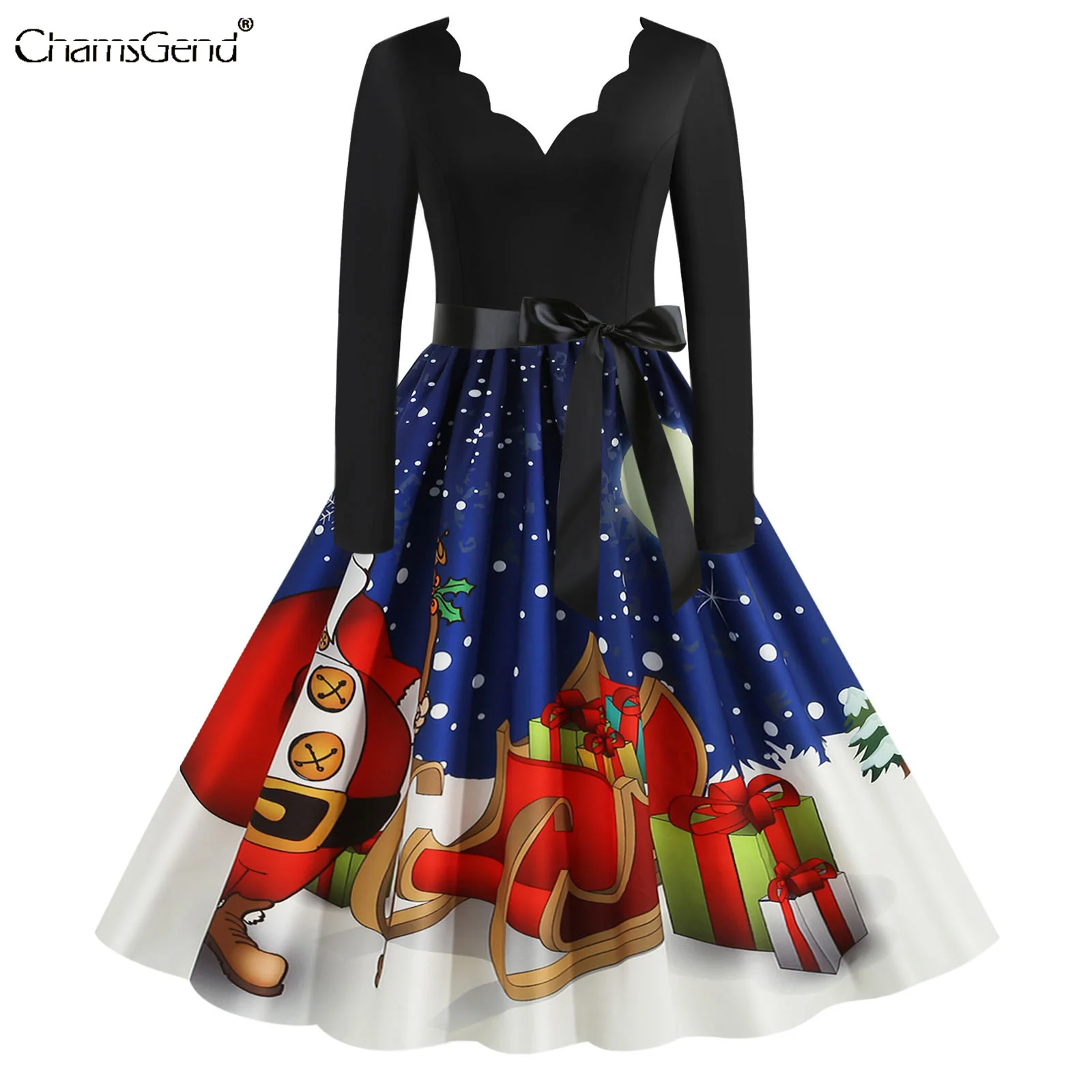 

Christmas Dress Women Vintage Long Sleeve V Neck Santa Claus Print Elegant Xmas Party Prom Sundress 2022 New Year Clothes