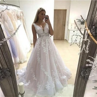 2022 pink wedding dress v neck bridal gowns backless sleeveless full appliques lace bride dresses country vestidos de n