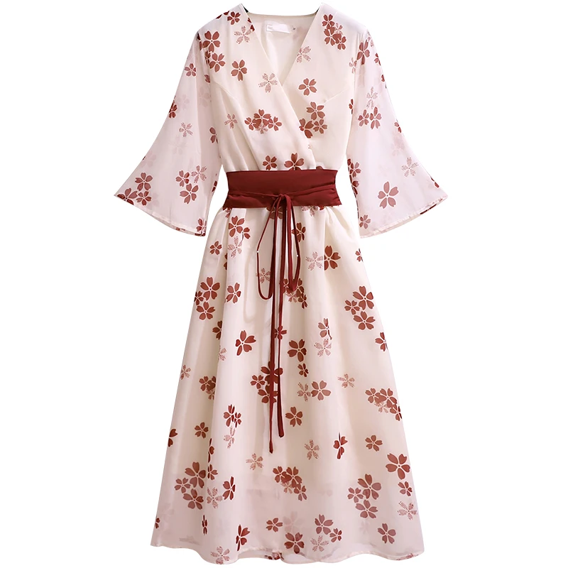 2021 Новая мода с принтом в виде вишен винтажное шифоновое платье для женщин