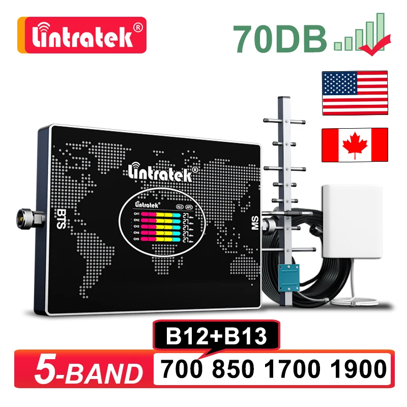 

Lintratek 5 Band 2G 3G 4G Cellular Amplifier B12 B13 700 850 1700 1900 B5 B4 B2 Cell Mobile Signal Booster Repeater Kit USA CAN