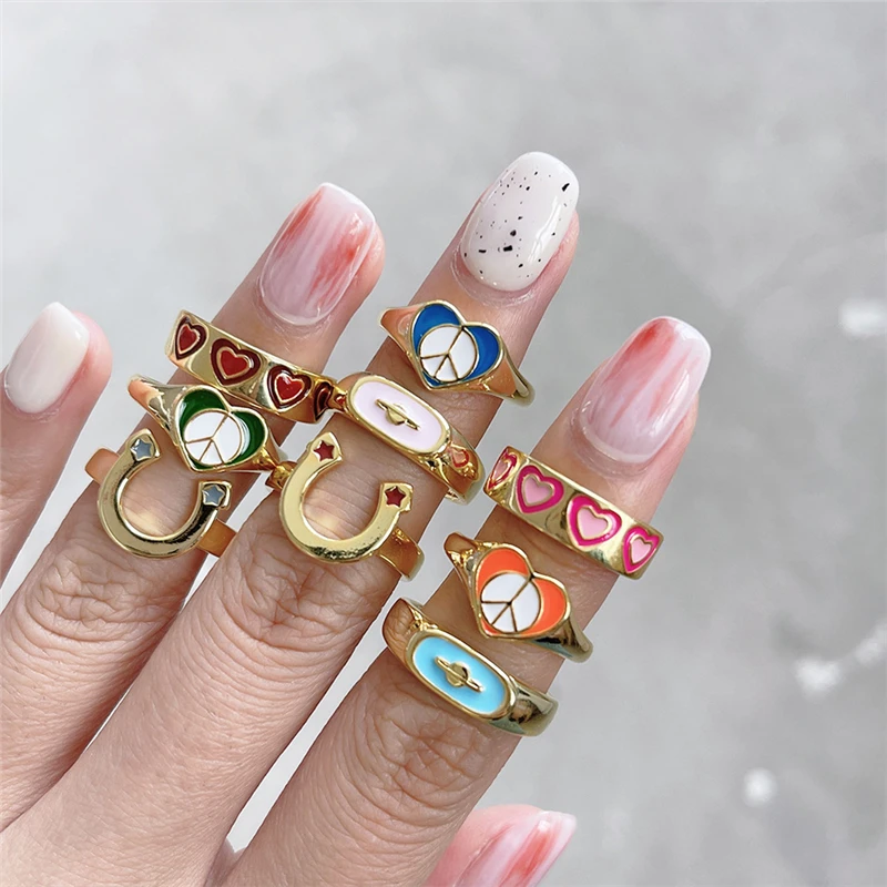

Vintage Double Layer Love Heart Ring for Women Girls Fashion Ins Style Colorful Planet Horseshoe Open Ring Wholesale Y2k Jewelry
