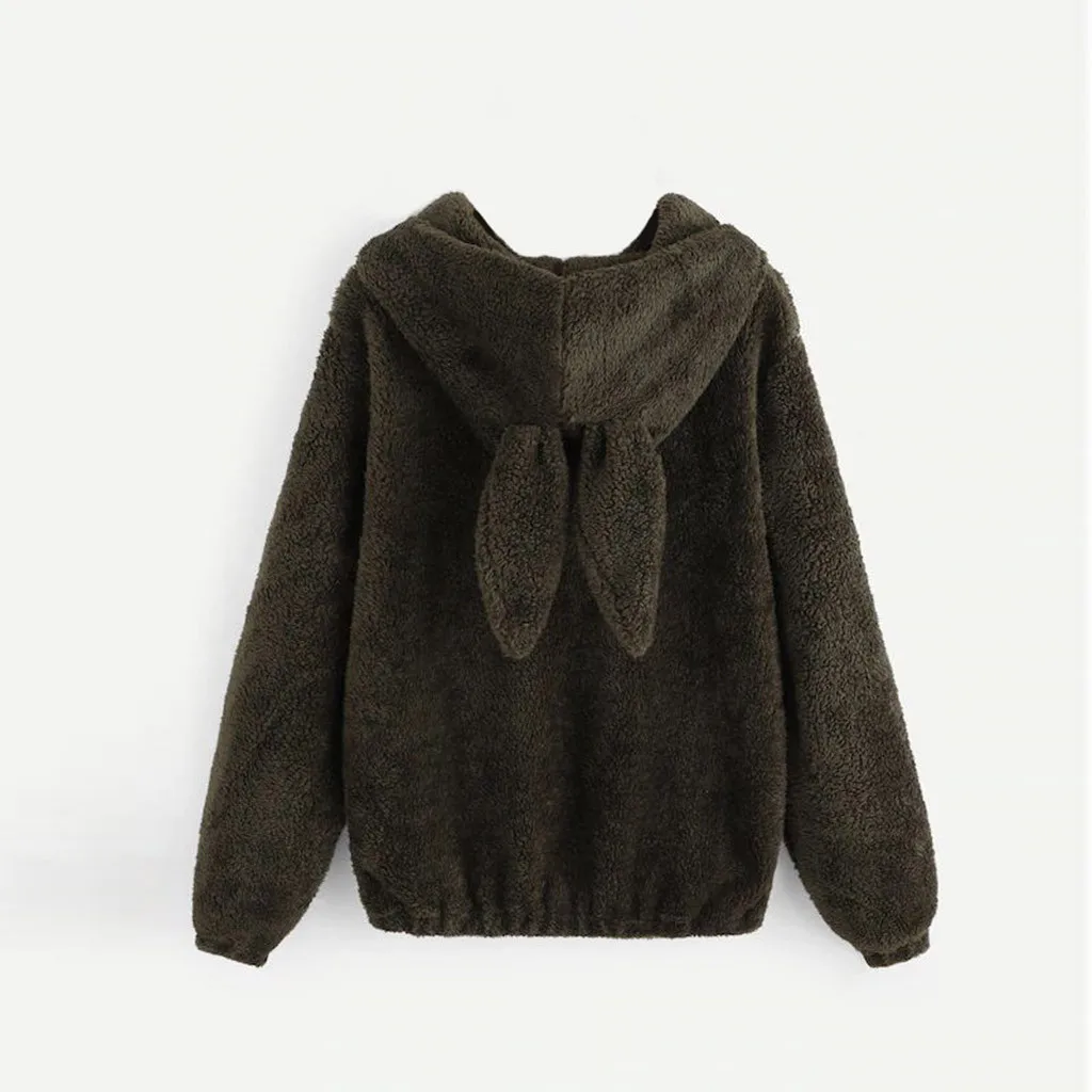 SAGACE Женская куртка из толстого плюша с заячьими ушками капюшоном Повседневная