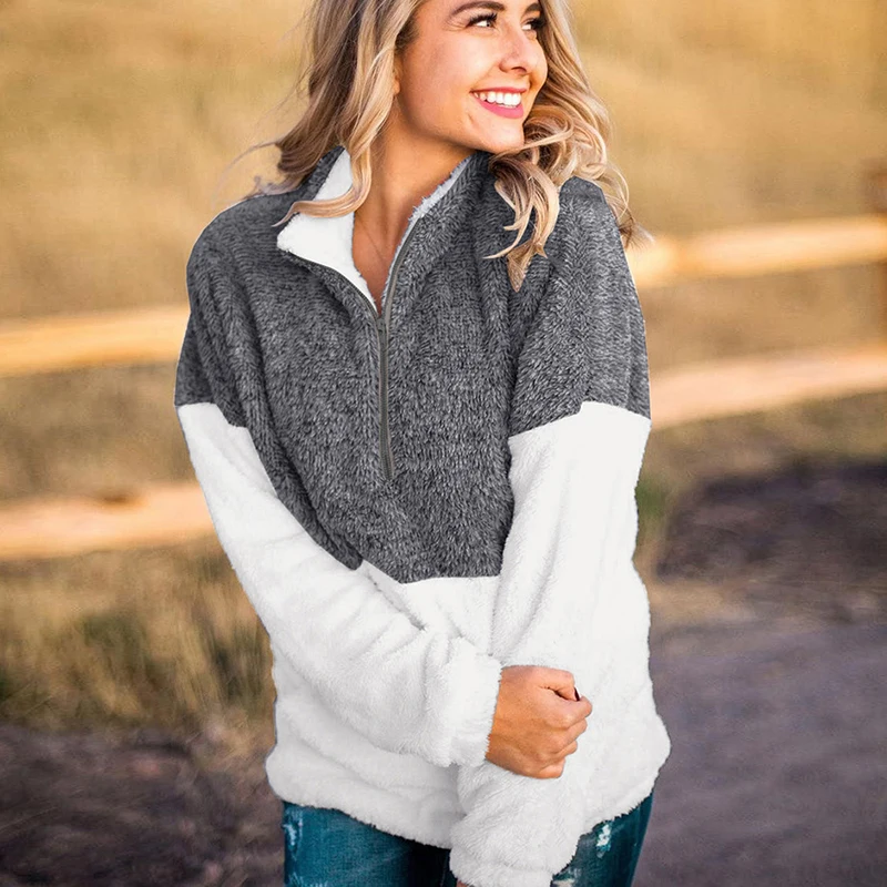 Осень зима 2020 Новая женская Повседневная плюшевая толстовка на молнии Лоскутная