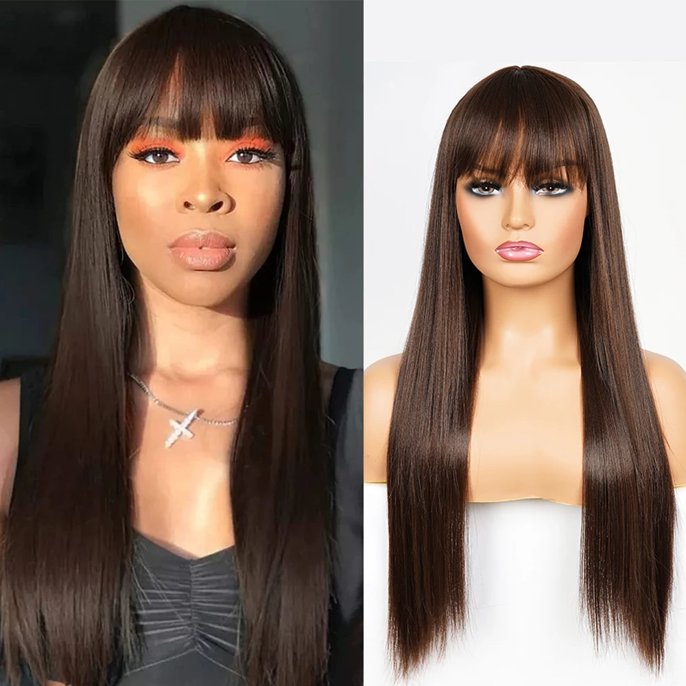 

Длинный прямой темно-коричневый синтетический парик с челкой для белых/черных женщин Омбре светлый бордовый красный ежедневный Косплей ве...