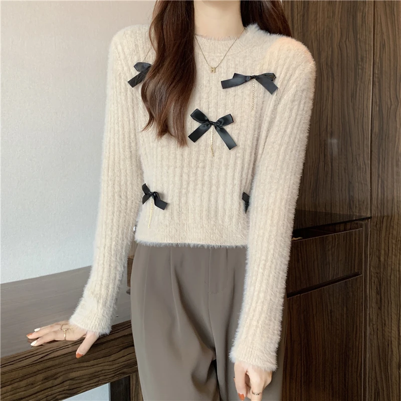 

O-neck Bow Print Pullover Sweater Woman Autumn New Long Sleeve Knitted Tops Female Loose Casual Style Sweaters Women