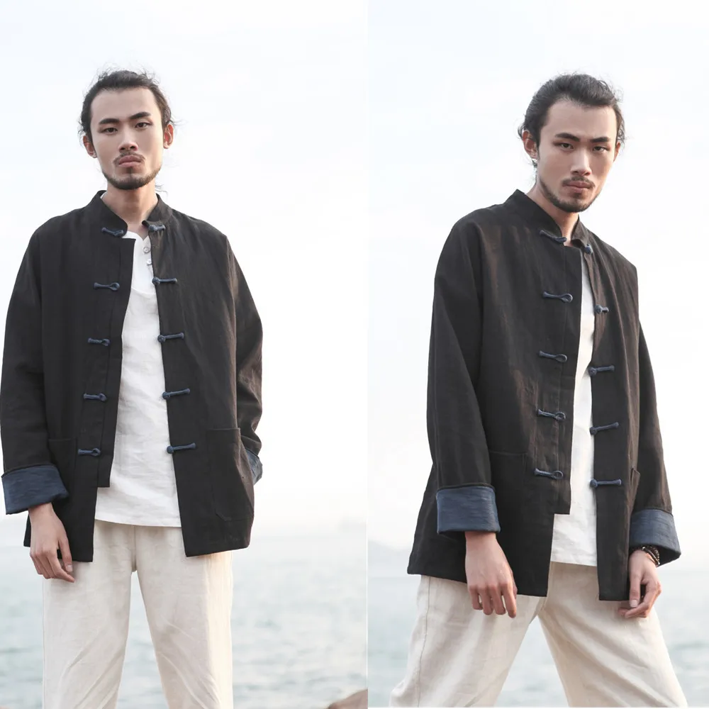 

Cotton and linen Tang suit men's buckle double lapel contrast color sleeve shirt costume Kung Fu costume