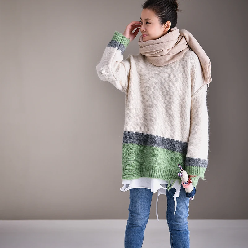 beige MICOCO M1937 лоскутный цветной потертый круглый воротник пуловер теплый ленивый свитер от ветра свободный - Цвет: beige