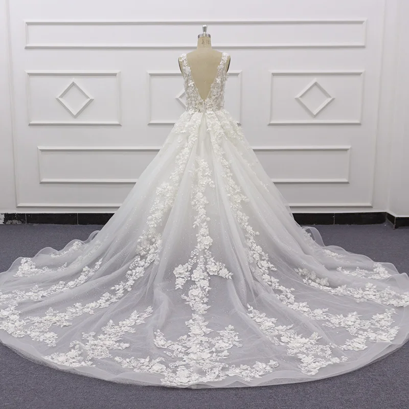 Eslieb V Neck 3D Flower Wedding Dresses Long Lace Embroidery Bridal Gown Elegant Plus Size Vestido De Noiva Bling Zipper SJ009