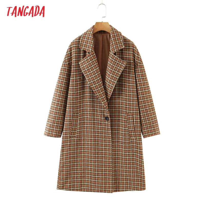 

Tangada Women 2021 Winter Thick Plaid Woolen Coats Warm Long Sleeves Pocket Ladies Elegant OverCoat 2Z20