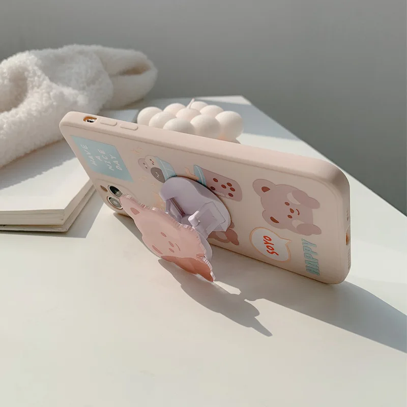 

Cute Cartoon Milk Tea Bear Bracket Phone Case Cases Soft Silicone Cover