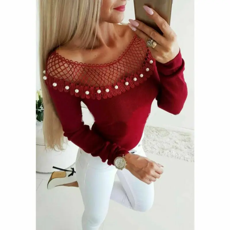 Sexy Women Hollow Out Net Neck Pearls Sweaters Long Sleeve Knit Jumper Tops Solid Slim Beads Pullovers Casual Autumn Knitwear | Женская
