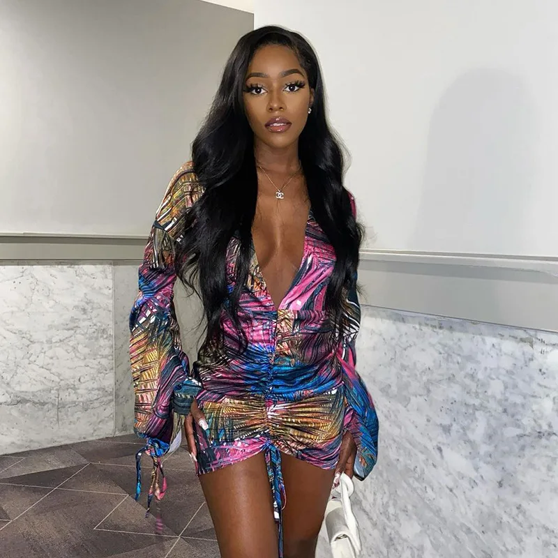 

Fashion women's summer new style leaf print V-neck sexy long-sleeved ultra short dress women