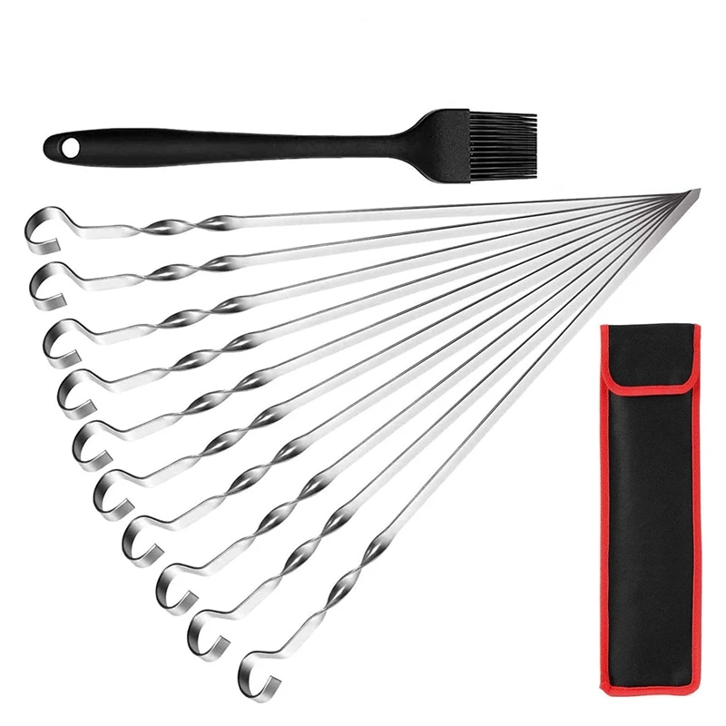 10 шт. кабоб шпажки плоские металлические барбекю шампуры Нержавеющая сталь палочки для кебаба многоразовые гриля на шампур с Кисточка для ...