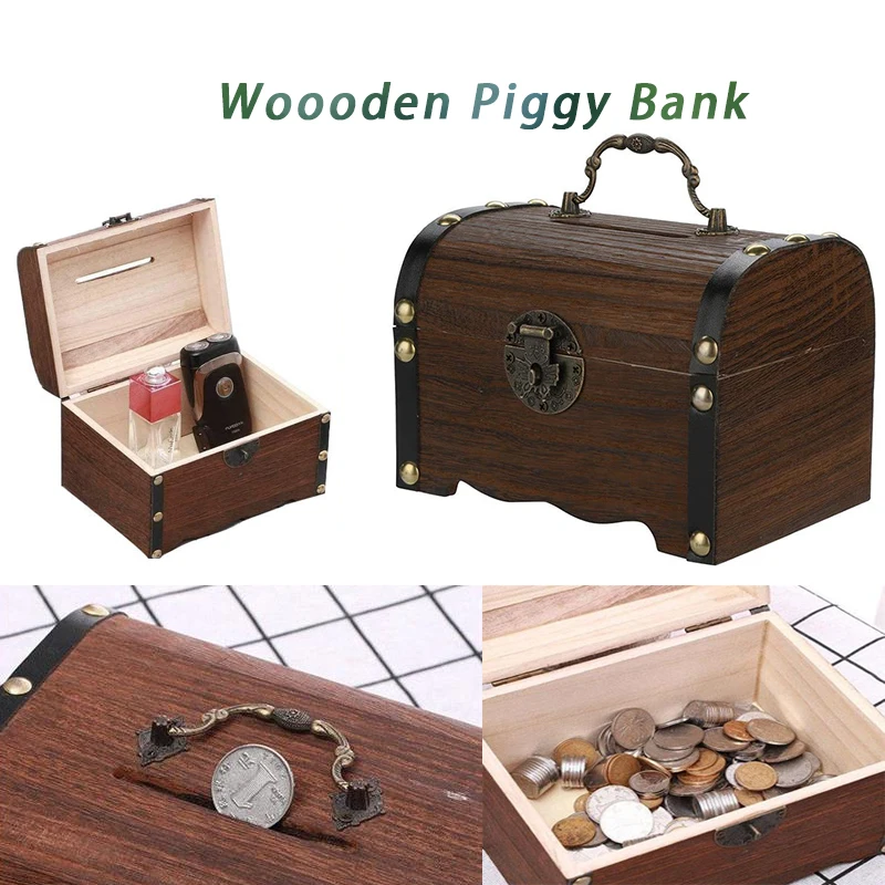 Ретро большая емкость деревянная копилка с замком безопасная коробка для денег