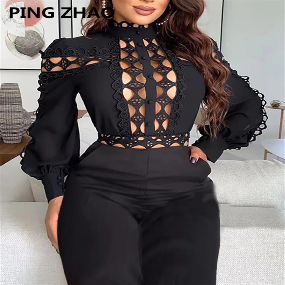 

PING ZHAO Sexy Hollow Out Jumpsuit for Women Autumn Fashion Long Sleeve Skinny Nightclub Overall Rompers