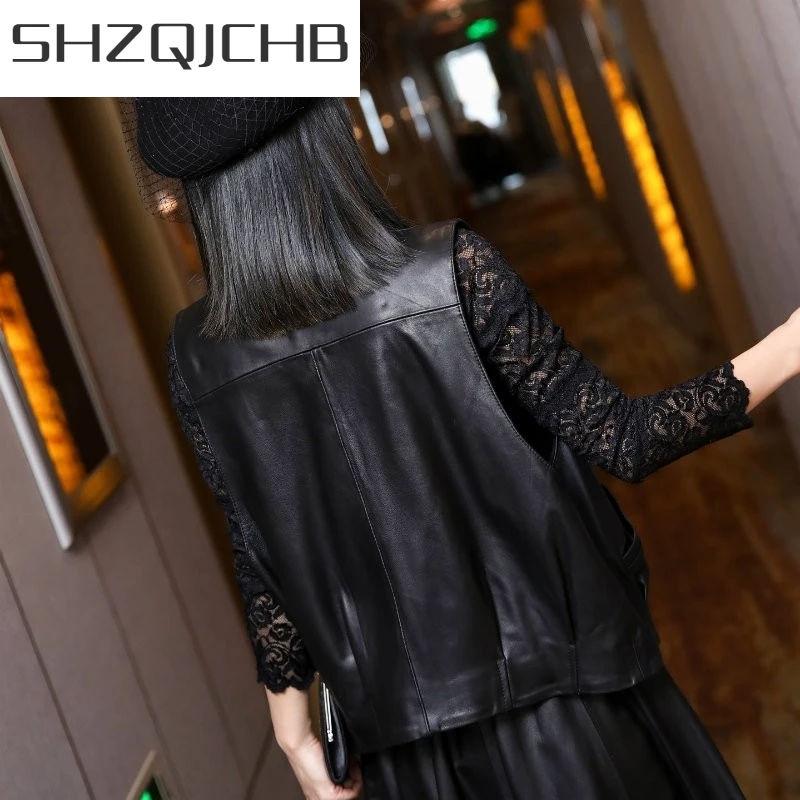 

JCHB 2021 Vintage Genuine Leather Vest Women Stand Collar Single Breasted Sleeveless Waistcoat Jackets Loose Fit Casual Sheepski