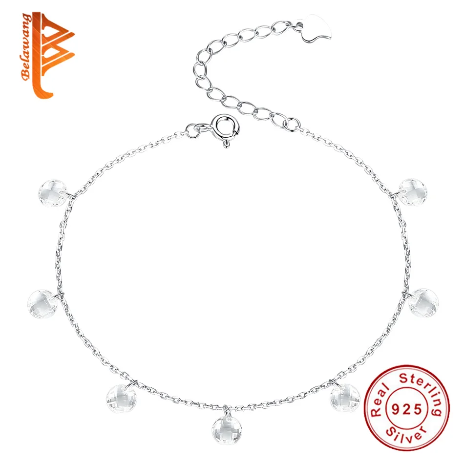 

BELAWANG 100% 925 Sterling Silver Clear Crystal Charm Bracelet Round AAA Zircon Chain Bracelet For Women Accessory Party Gift