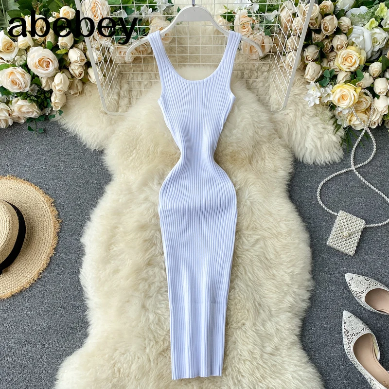 

Knitted Dress Women Fashion Square Collar Sleeveless Tank Ladies Vestidos Elegant Slim Stretch Waist Bodycon Dresses