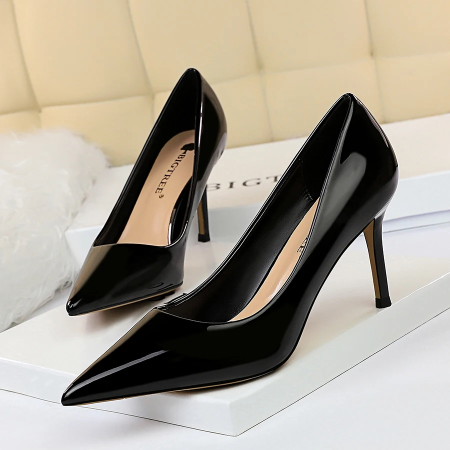 Plus Size 34-44 Hot Women Shoes Pointed Toe Pumps Patent Leather Dress High Heels Boat Wedding Zapatos Mujer 2020 Bigtree Shoes