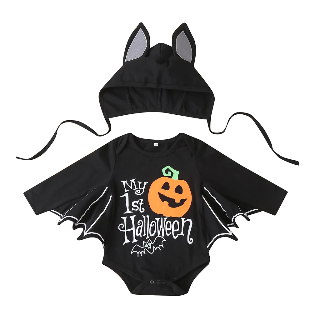 

2020 Halloween Baby Girls Boys Clothing Set Toddler Cartoon Pumpkin Letter Print Bodysuits Bat Long Sleeve Jumpsuits + Hat 0-24M