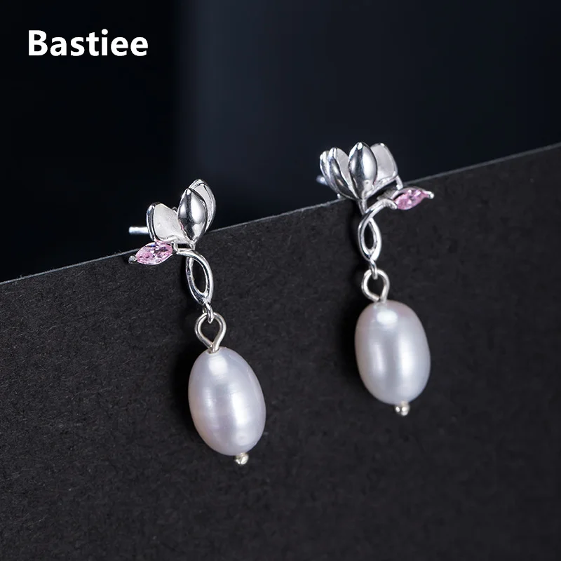 

Bastiee pearl stud earrings silver 925 gold plated jewelry Magnolia flower stud earrings for women hmong handmade
