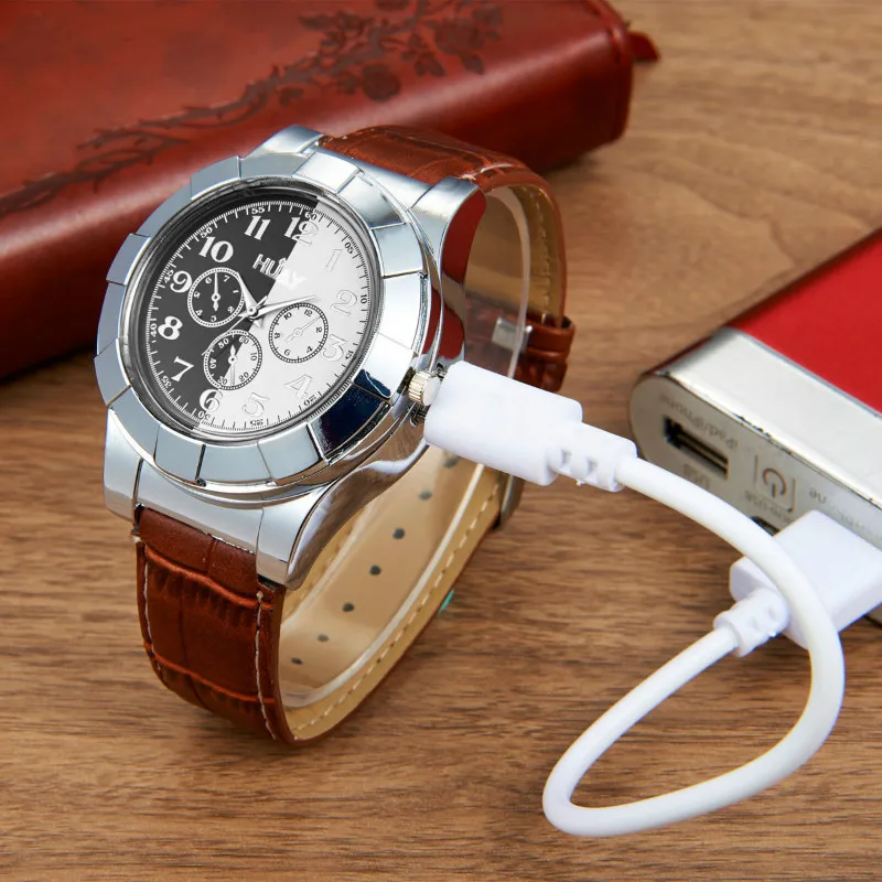 

New Fashion Electronic Cigarette Lighter Watch Men USB Charging Casual Watches Lighter Leather Silicone Strap Quartz Watch Gifts
