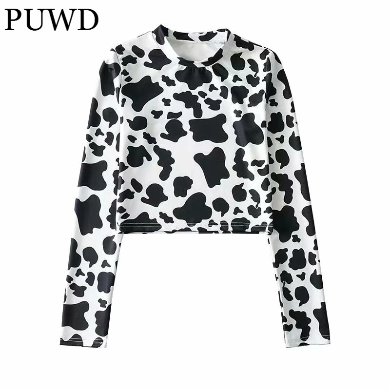 

PUWD Sexy Women Cow Print Shirt Skinny O Neck Long Sleeve Ladies Slim Crop Top 2021 Fashion Streetwear Female Chic Short Tops