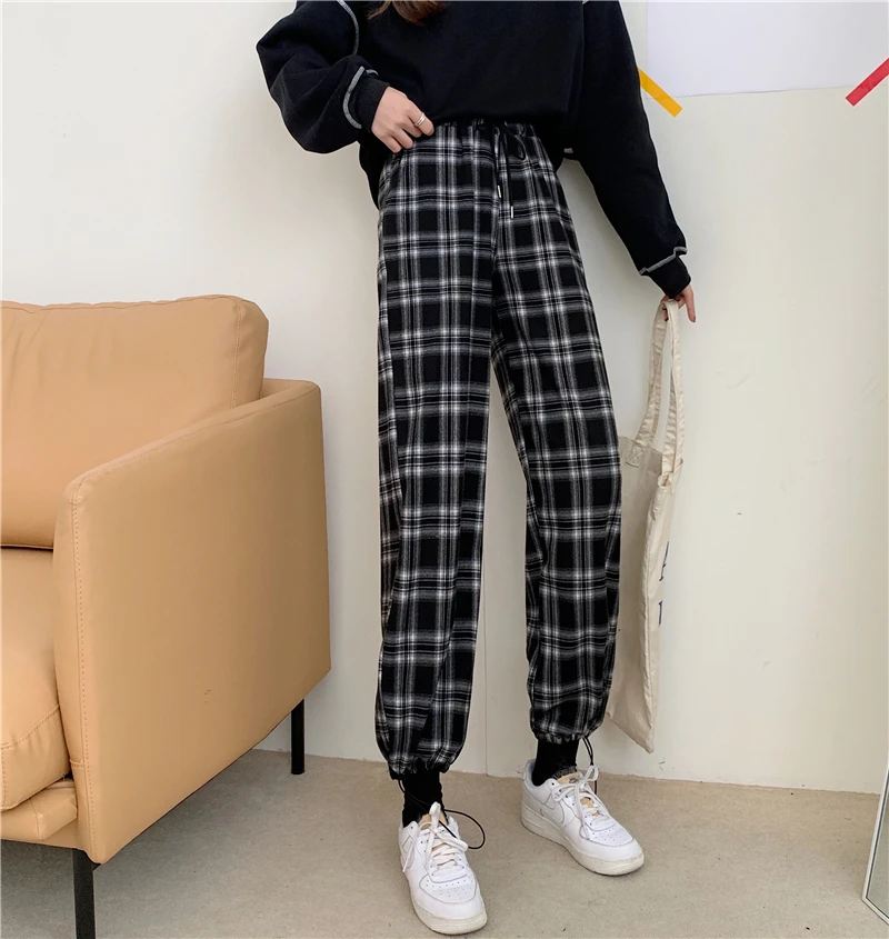 

Plaid harem pants women spring and autumn loose wild high waist drawstring nine-point straight casual pants