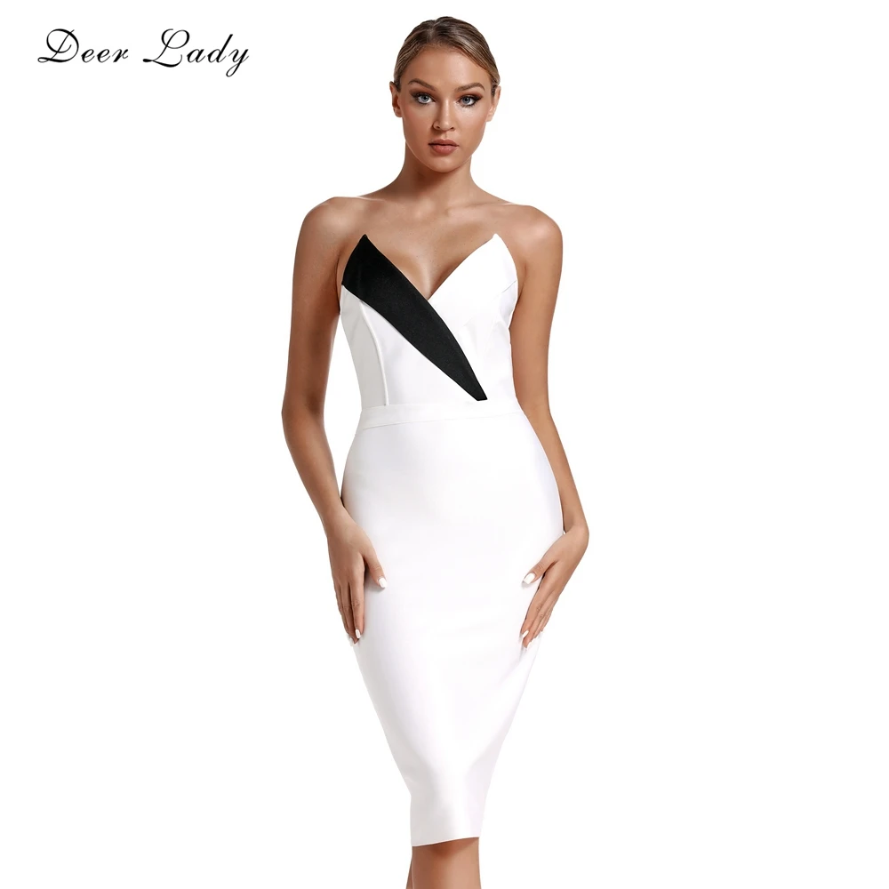 Женское вечернее платье с оленем облегающее черно белое v образным вырезом без