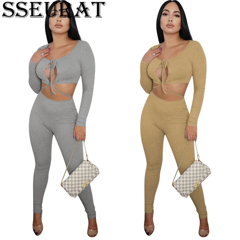 

Женский комплект из двух предметов SSEURAT, однотонный бандажный Топ с длинным рукавом и облегающие брюки, Осенний модный спортивный костюм, на...
