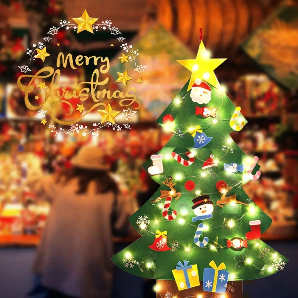 

DIY Felt Christmas Tree With LED String Light (5m) New Year Door Wall Hanging Ornaments Artificial Tree Kids Christmas Decor