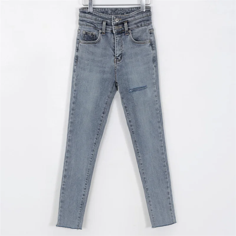 

Streetwear High Waist Buttons Women Jeans Skinny Ripped Holes Pencil Jeans for Women Stretch Denim Pants femme 2020