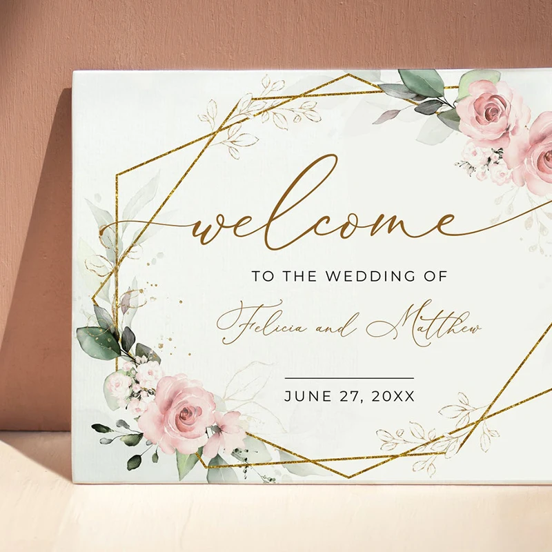 Letrero de bienvenida de Boda Verde bohemio, plantilla con rosas, entrada de bienvenida personalizada, decoración de boda