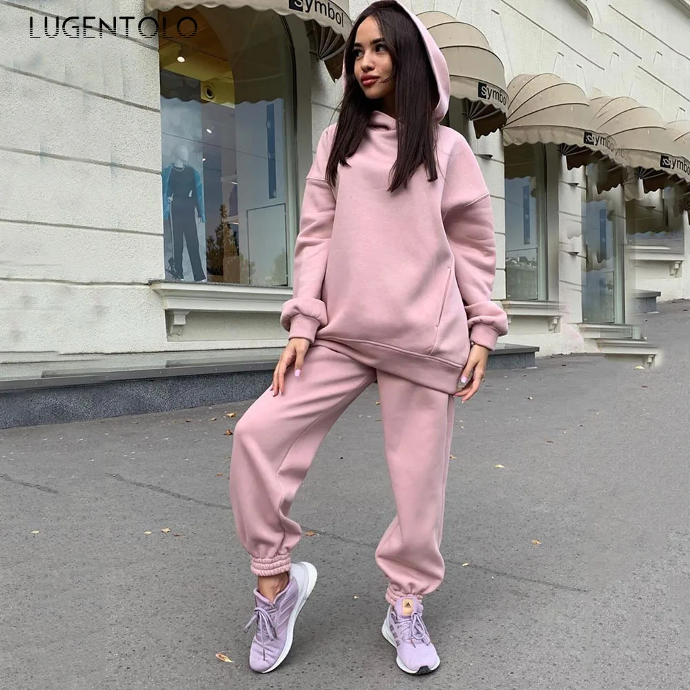 

Lugentolo Women 2 Piece Set Autumn Hooded Tops Pocket Fashion Solid Color Long Pants Female Casual Two-piece Sets