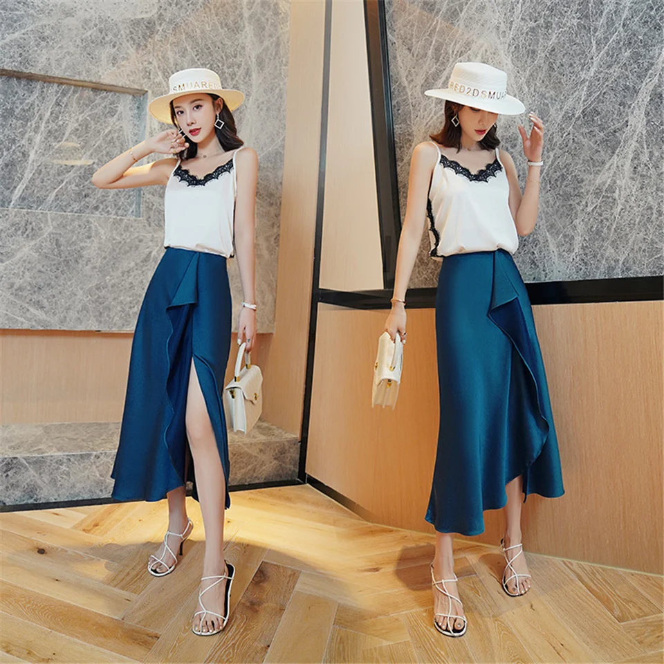 

Summer Elegant Luxury Satin Skirt Office Lady Casual High Waist Slim Split Skirts Women Fashion Asymmetrical Ruffles Skirt