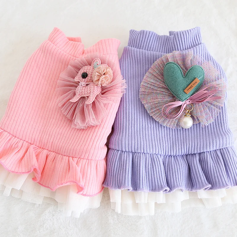 Полосатое Цветочное платье для собак кружевная хлопковая одежда зимняя теплая