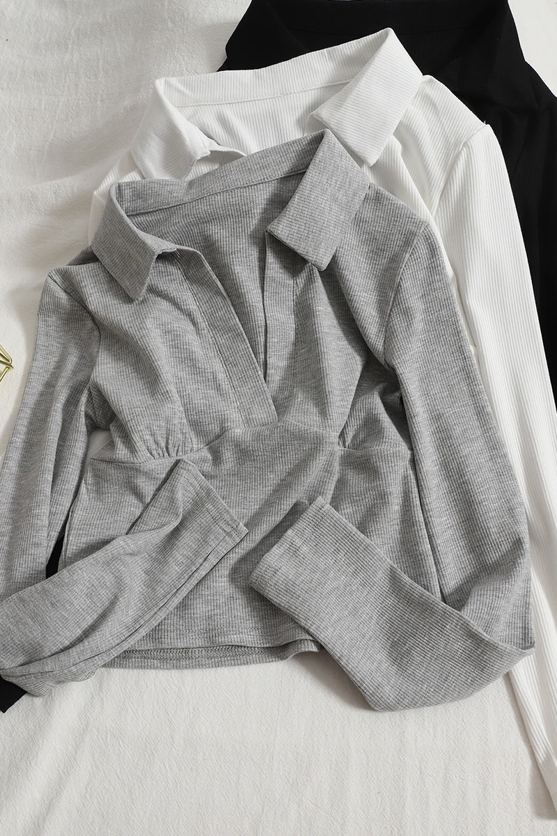 

All-match short lapel slim-fit long-sleeved T-shirt 2021 autumn new solid color Korean version was thin casual top women