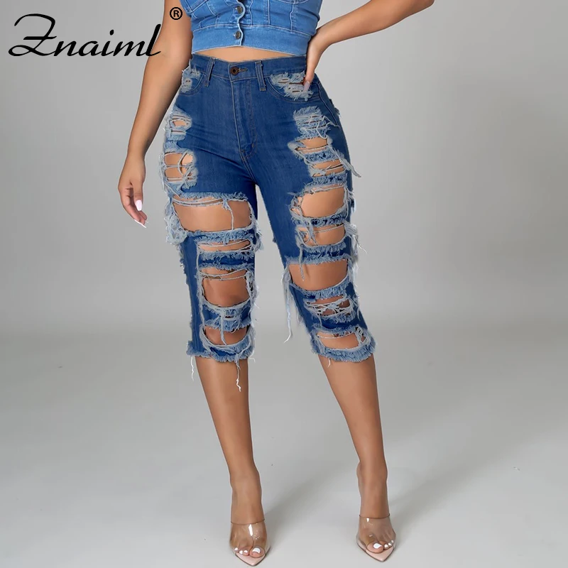 

Znaiml Shorts Women Casual High Waist Ripped Hole Denim Shorts Summer Slim Knee-Length Bottoms Skinny Blue Jeans Streetwear 2021