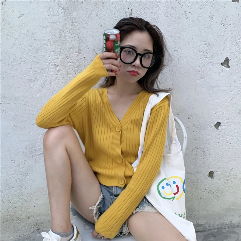 

Укороченный свитер женский, с V-образным вырезом, свободный, осенний, в Корейском стиле