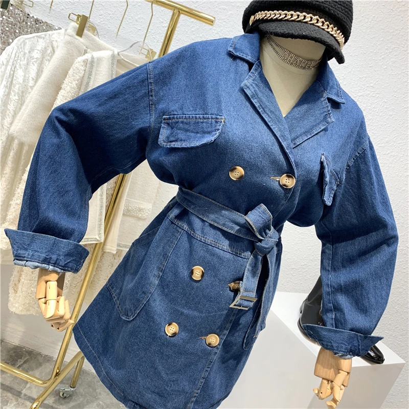Женская уличная куртка с ремнем Весенняя Свободная джинсовая на шнурках в стиле
