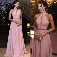 halter sleeveless pink long prom dresses a line floor length beading sashes formal dresses vestidos de fiesta robe de mariee