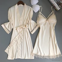 women summer silk 2 pieces pajama sets lace soft satin sleepwear plus size sexy loose kimono nightgowns bridal wedding bathrobe