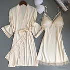 Женский Шелковый пижамный комплект, из 2 предметов, кружевная Мягкая атласная ночная рубашка, размера плюс сексуальное свободное кимоно, Свадебный банный Халат