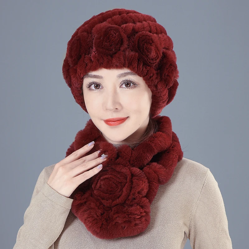 

Winter Warm Hats Women Natural Rex Rabbit Fur Beanies Scarves Hand Knitted Soild Fluffy Pompom Hats