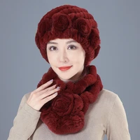 winter warm hats women natural rex rabbit fur beanies scarves hand knitted soild fluffy pompom hats