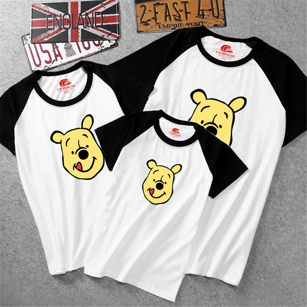 

Summer T-shirt Disney Winnie The Pooh Print Parent-child O-neck Blackwhite Tee Casual Short Sleeve Baby Tops Streetwear Kawaii